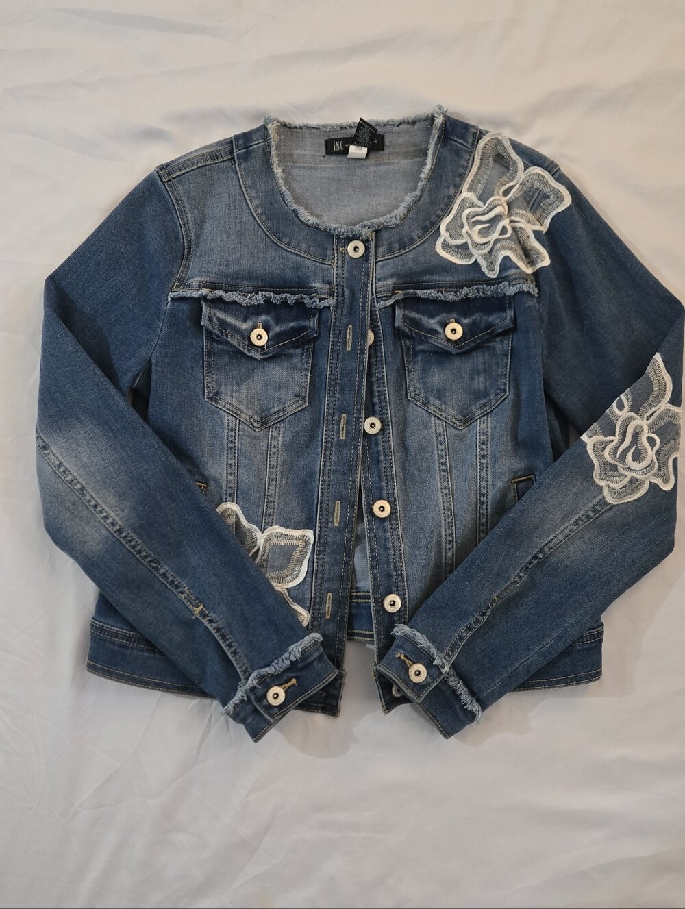 INC International Concepts Blue Denim Jacket with White Floral Appliqué - Picture 1 of 5